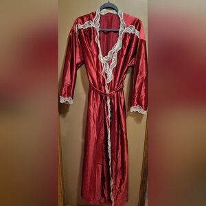 Vintage Tom Bezduda Red Lace Trimmed Robe And Nightgown Set Size Medium